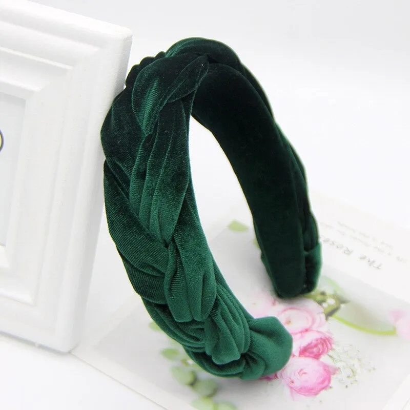 Fabric Wide Twist Velvet Braid Ladies Women Headband - Emerald