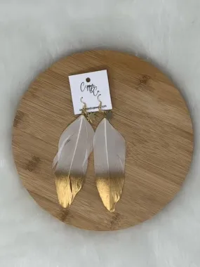 Fan Leaf White & Gold Goose Feather Earrings