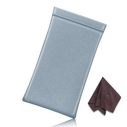 Fintie Eyeglasses Pouch with Cleaning Cloth, Portable Squeeze Top Vegan Leather Soft Glasses Case Anti-Scratch Sunglasses Bag, Ice Blue