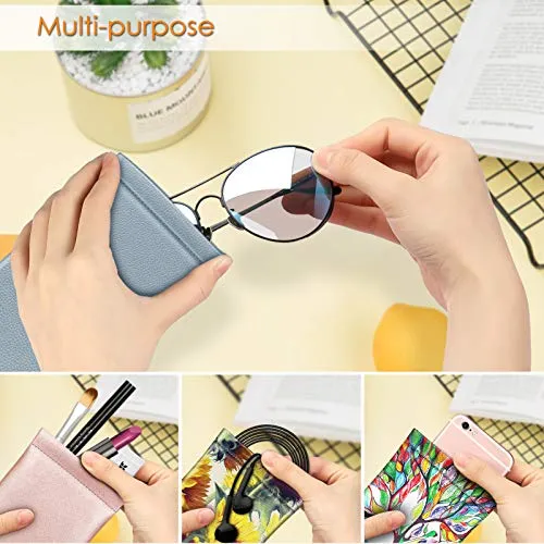 Fintie Eyeglasses Pouch with Cleaning Cloth, Portable Squeeze Top Vegan Leather Soft Glasses Case Anti-Scratch Sunglasses Bag, Ice Blue