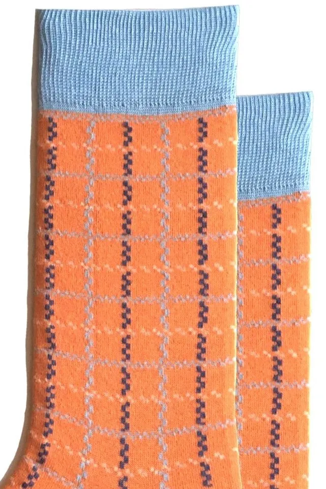 FOOT FEDERATION PLAID 200 STITCH MID-CALF COTTON MEN'S DRESS SOCK PEACH ORANGE