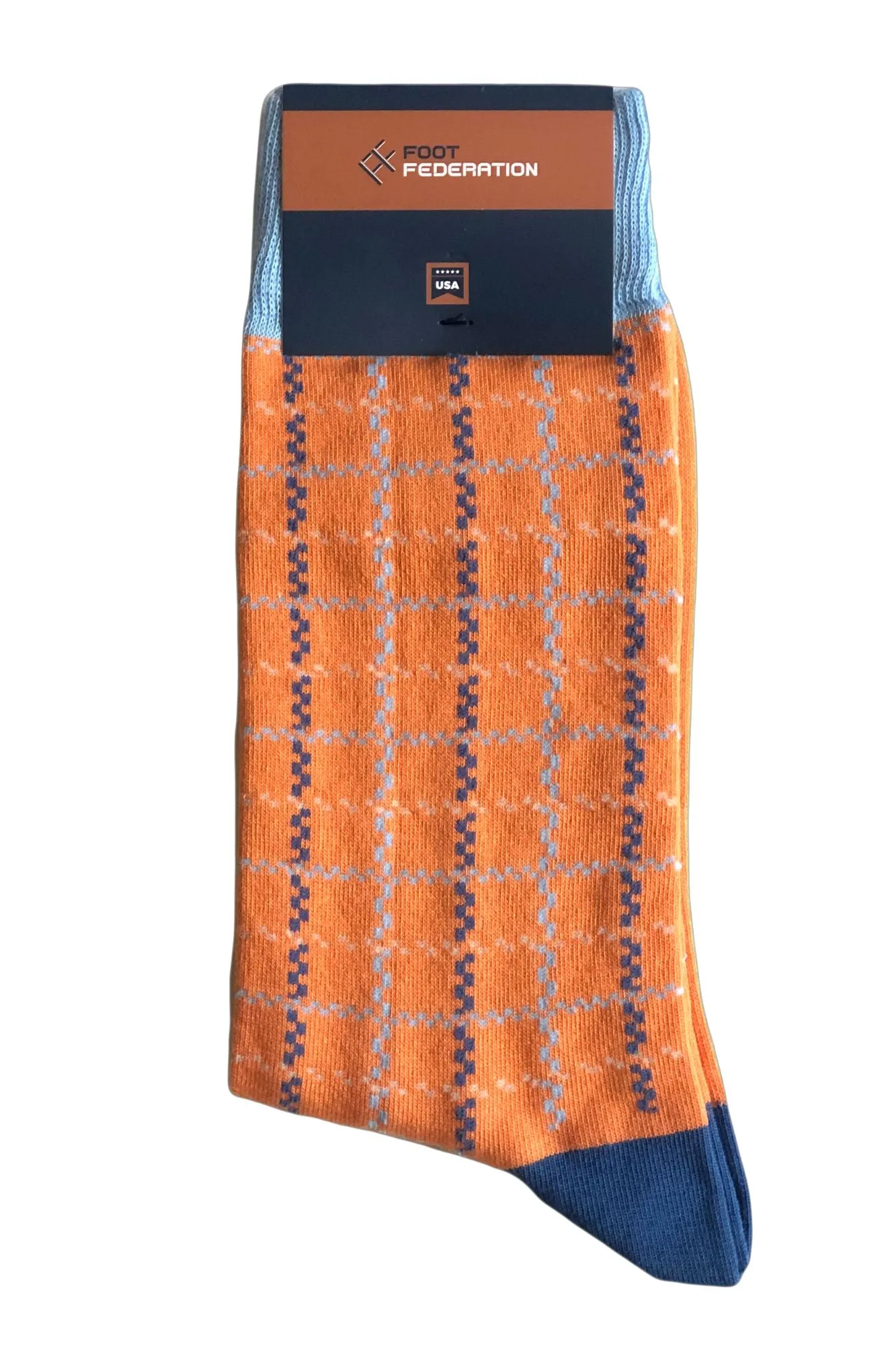 FOOT FEDERATION PLAID 200 STITCH MID-CALF COTTON MEN'S DRESS SOCK PEACH ORANGE
