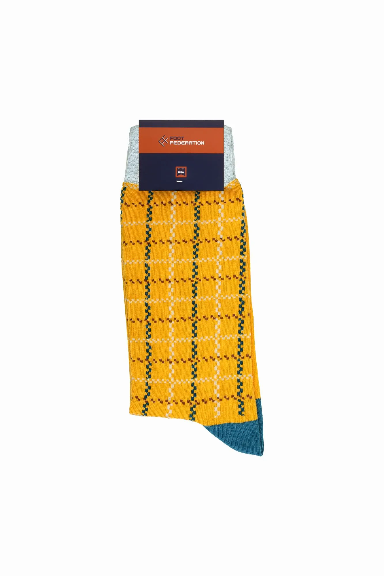 FOOT FEDERATION PLAID 200 STITCH MID-CALF COTTON MEN'S DRESS SOCK YELLOW