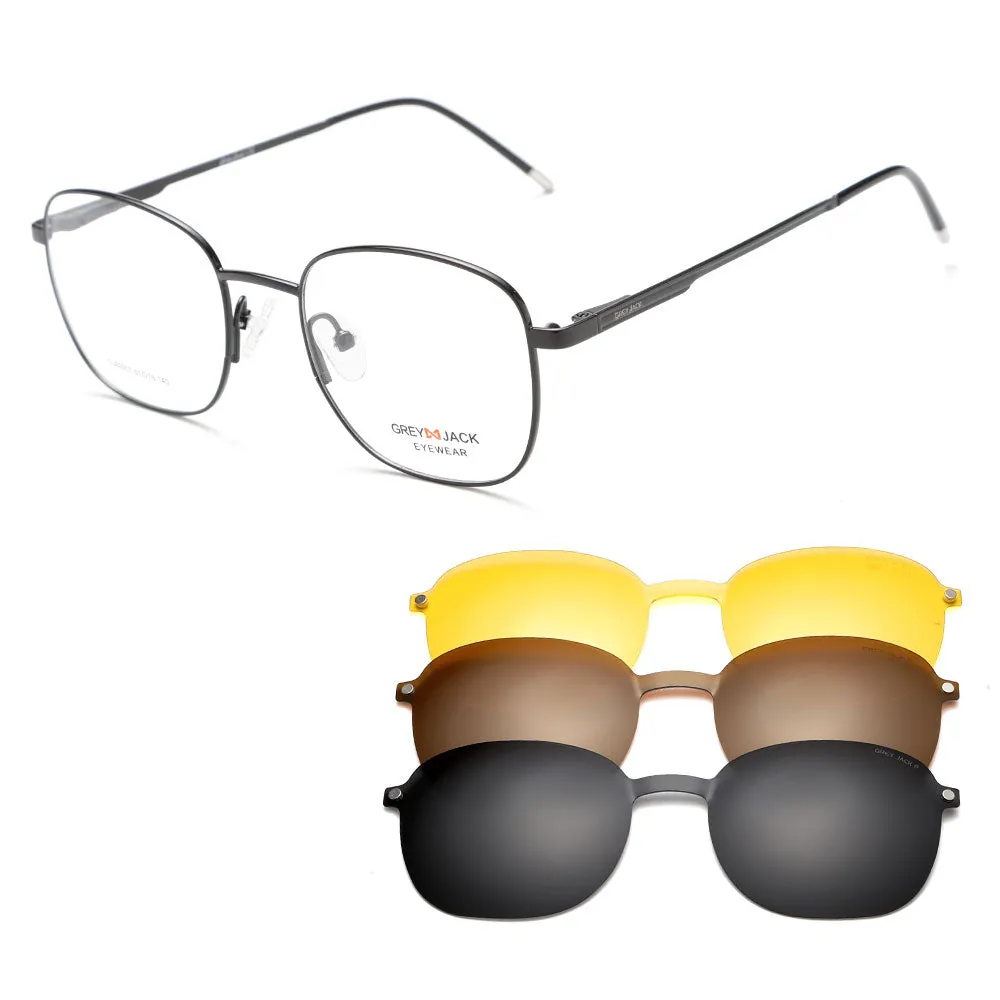 GREY JACK Metal Square Clip On Glasses with 3PCS Magnetic Lens 80007