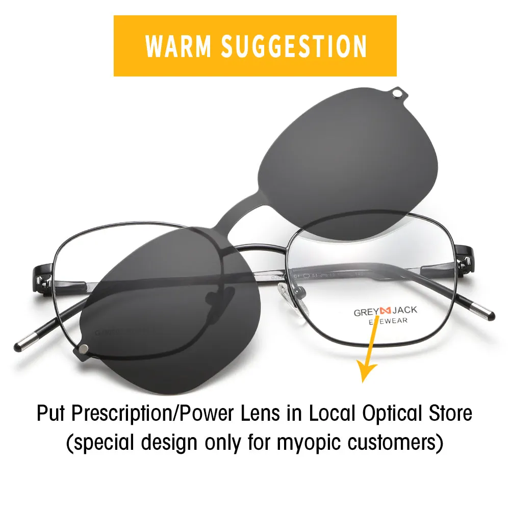 GREY JACK Metal Square Clip On Glasses with 3PCS Magnetic Lens 80007