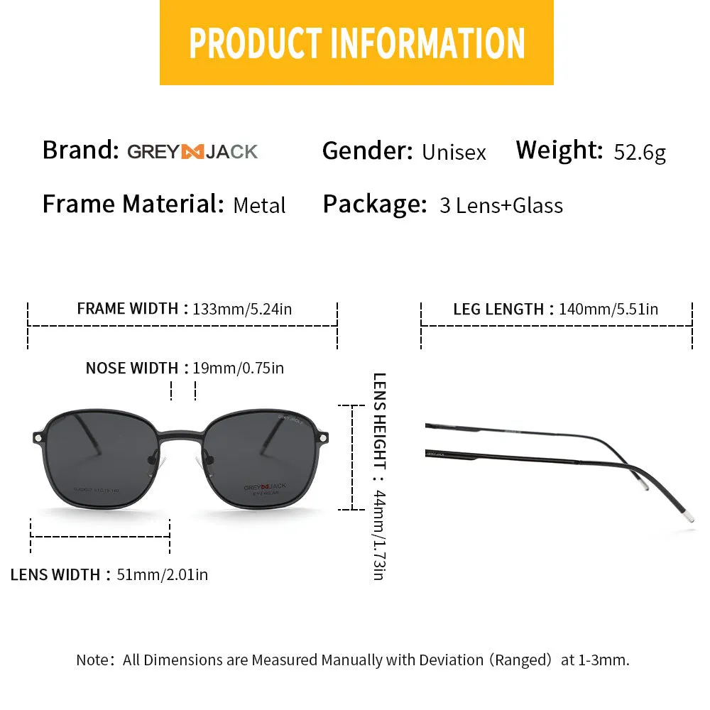 GREY JACK Metal Square Clip On Glasses with 3PCS Magnetic Lens 80007