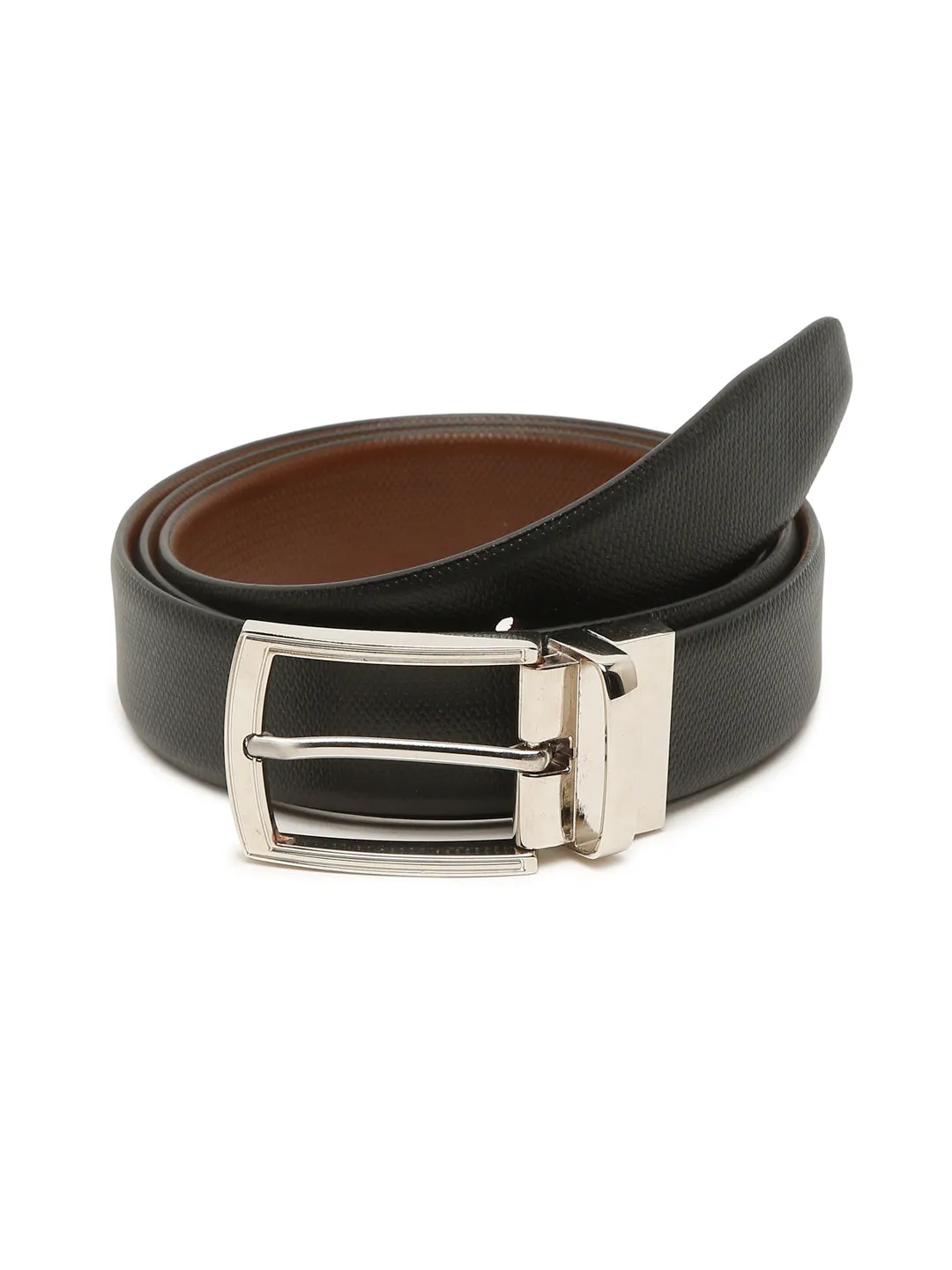 Men Black Textured Genuine Leather Reversible Belt