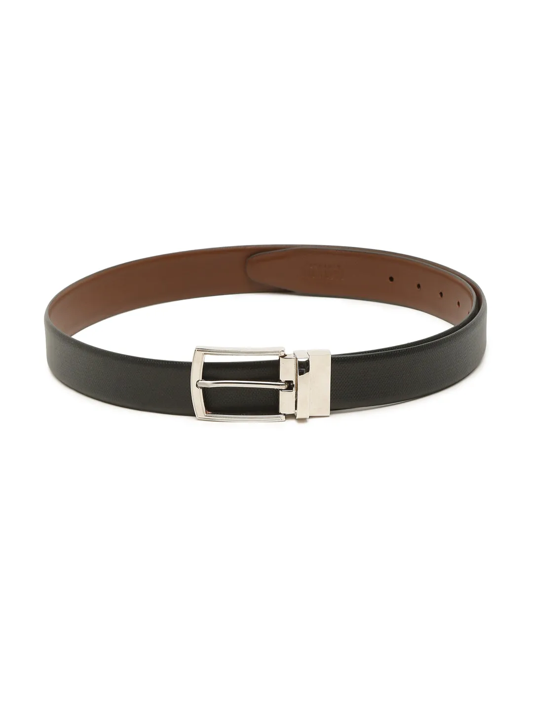 Men Black Textured Genuine Leather Reversible Belt