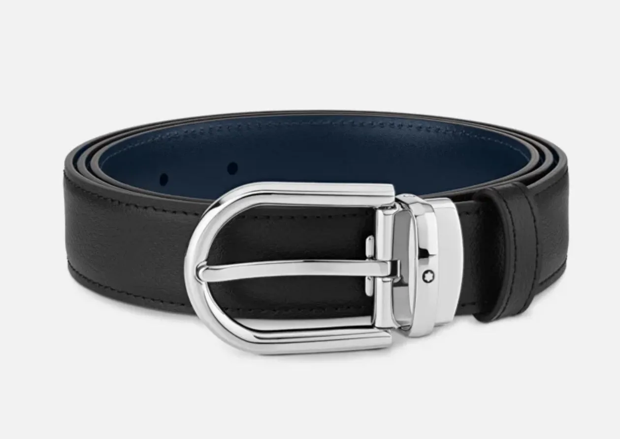 Montblanc-HORSESHOE BUCKLE BLACK/BLUE 30 MM REVERSIBLE LEATHER BELT MB128756