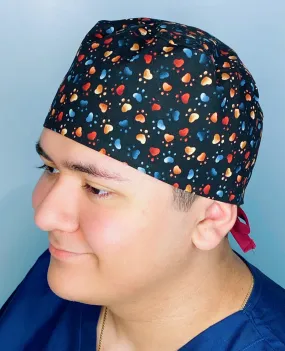 Neutral Toned Paws on Black Unisex Animal Scrub Cap