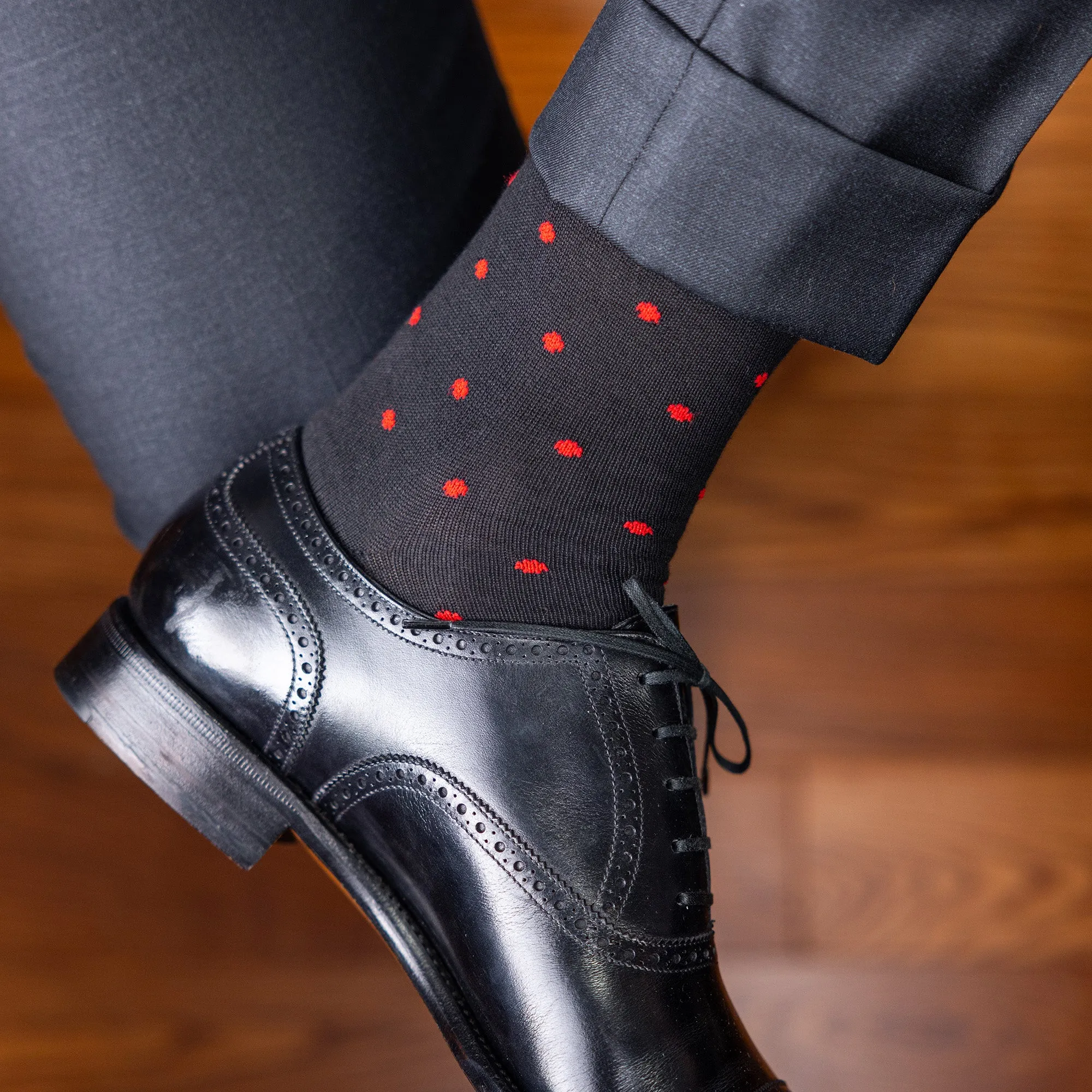 Red Dots on Black Cotton Mid Calf Dress Socks