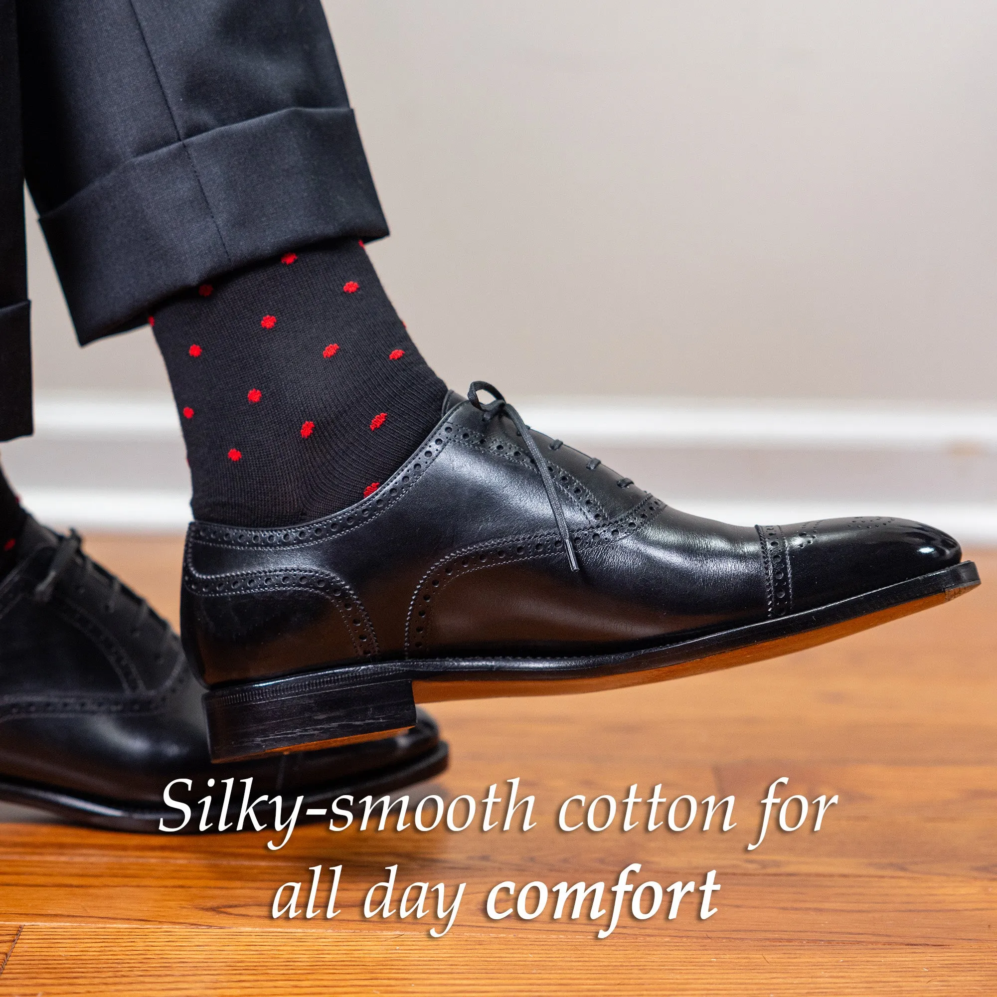 Red Dots on Black Cotton Mid Calf Dress Socks