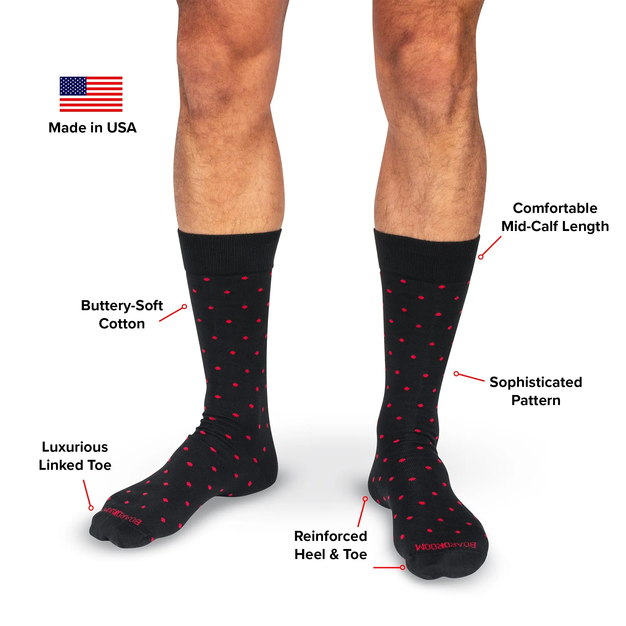 Red Dots on Black Cotton Mid Calf Dress Socks