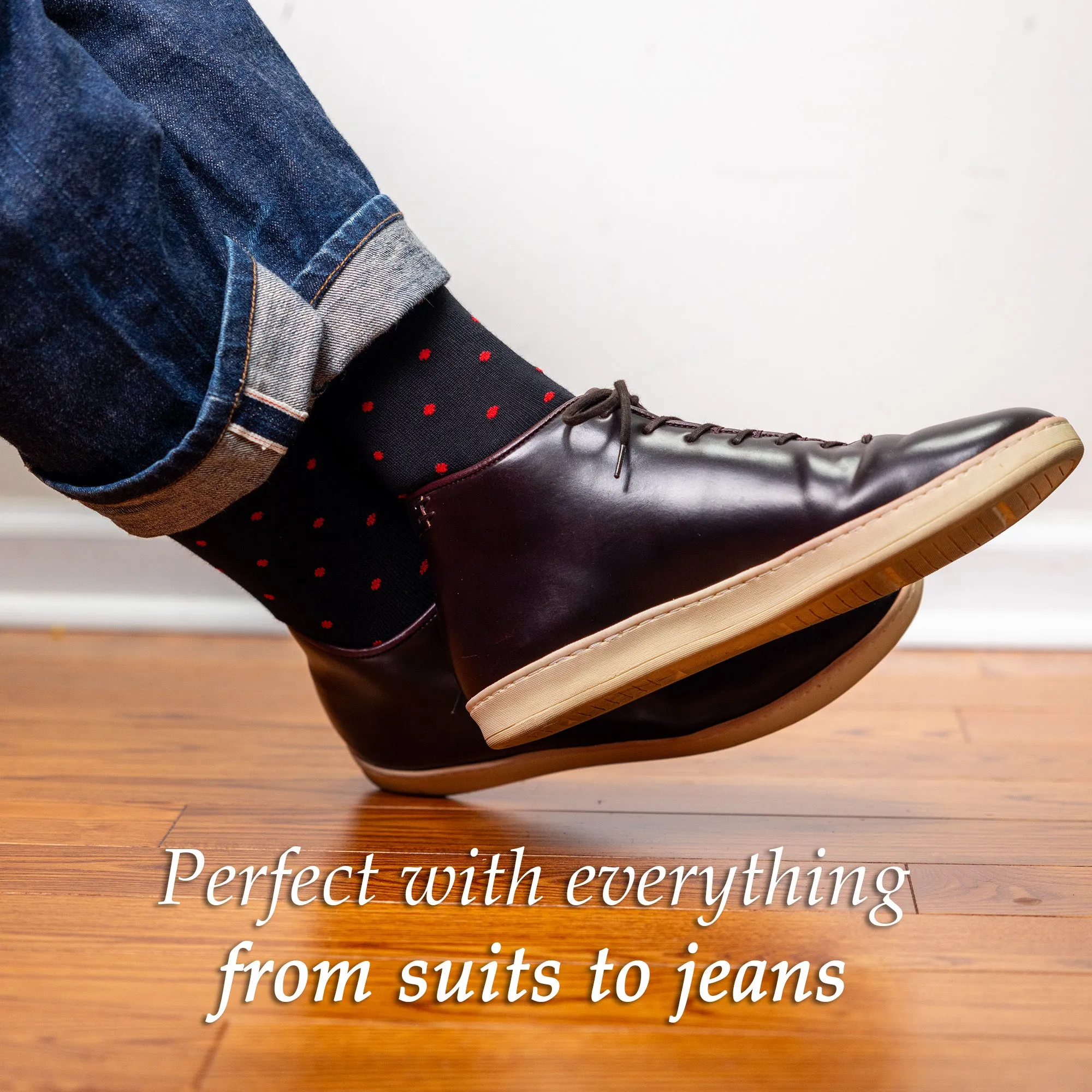 Red Dots on Black Cotton Mid Calf Dress Socks
