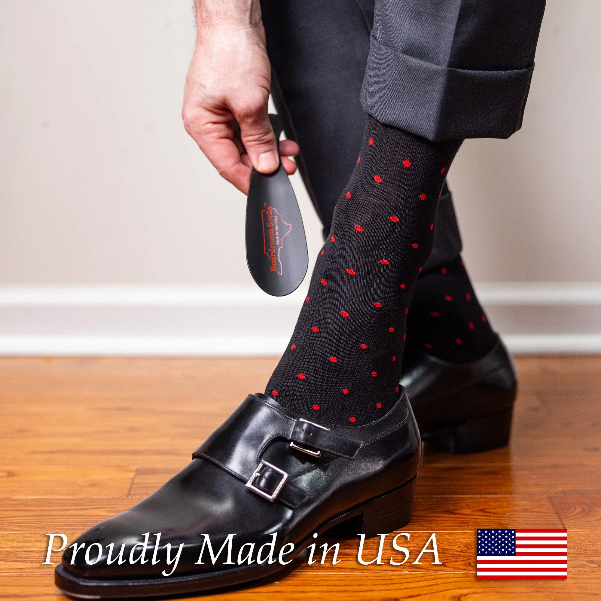 Red Dots on Black Cotton Mid Calf Dress Socks