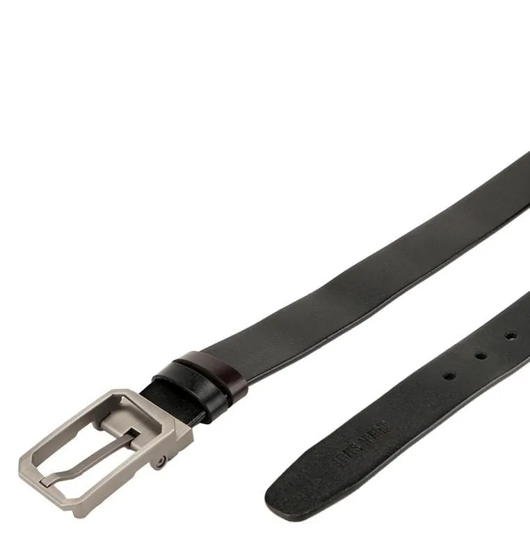 Reversible Tilted Framed Pin Buckle Top Grain Leather Belt - Silver