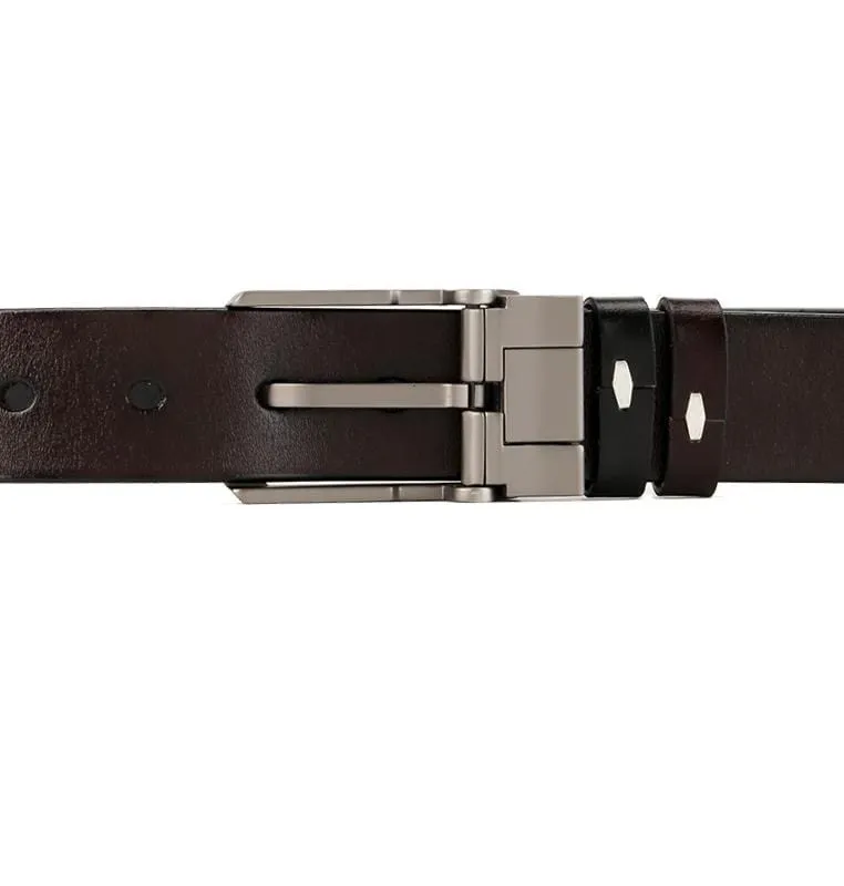 Reversible Tilted Framed Pin Buckle Top Grain Leather Belt - Silver