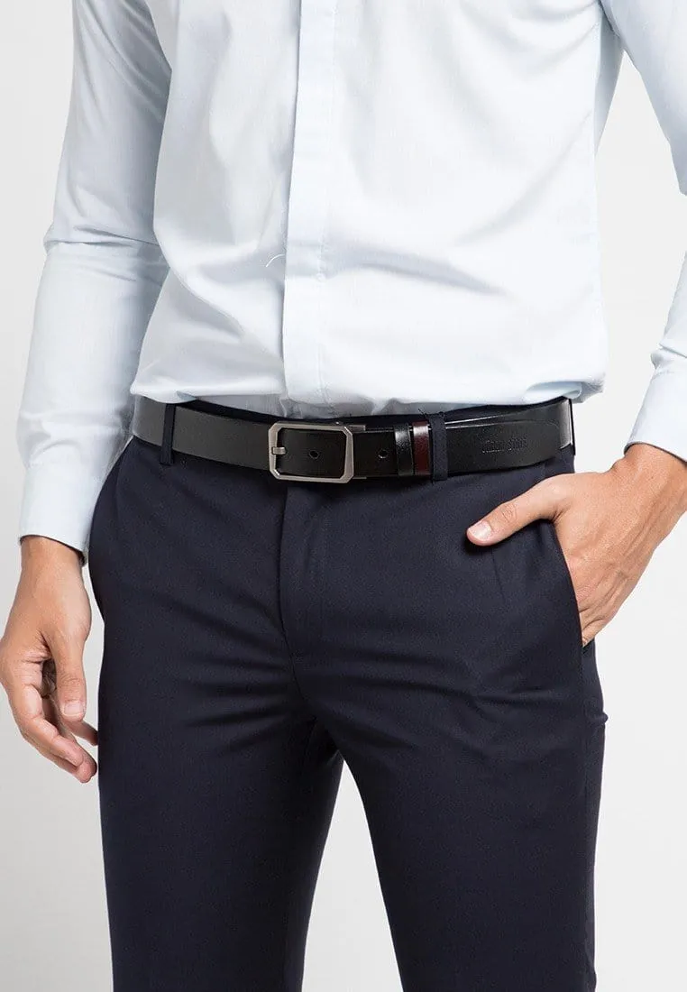 Reversible Tilted Framed Pin Buckle Top Grain Leather Belt - Silver