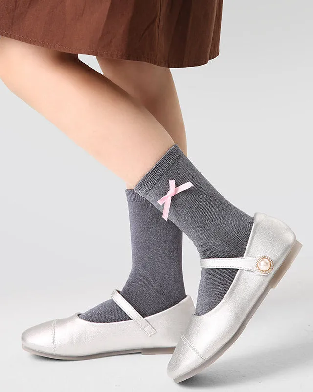 Sweetnana 4-Pack Children's Socks for Autumn and Winter, Bow and Stripe Design, Princess Style, lady Style, Absorb-sweat, Warm, Cotton Mid-calf Socks.