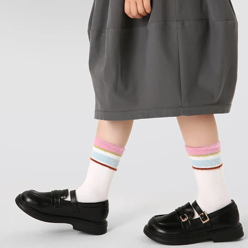 Sweetnana 4-Pack Children's Socks for Autumn and Winter, Bow and Stripe Design, Princess Style, lady Style, Absorb-sweat, Warm, Cotton Mid-calf Socks.