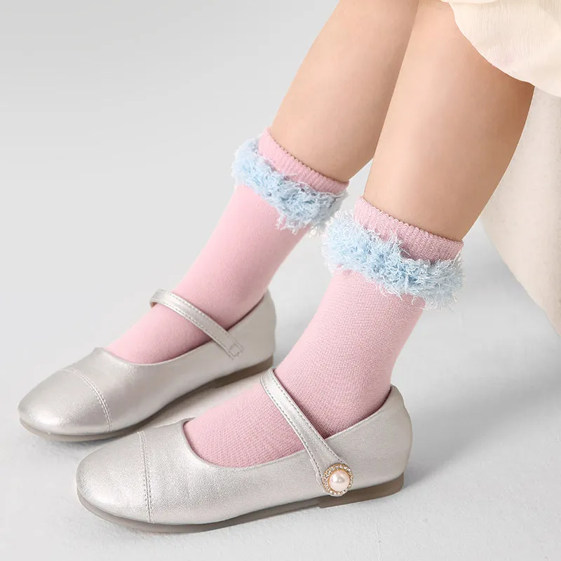 Sweetnana 4-Pack Children's Socks for Autumn and Winter, Bow and Stripe Design, Princess Style, lady Style, Absorb-sweat, Warm, Cotton Mid-calf Socks.