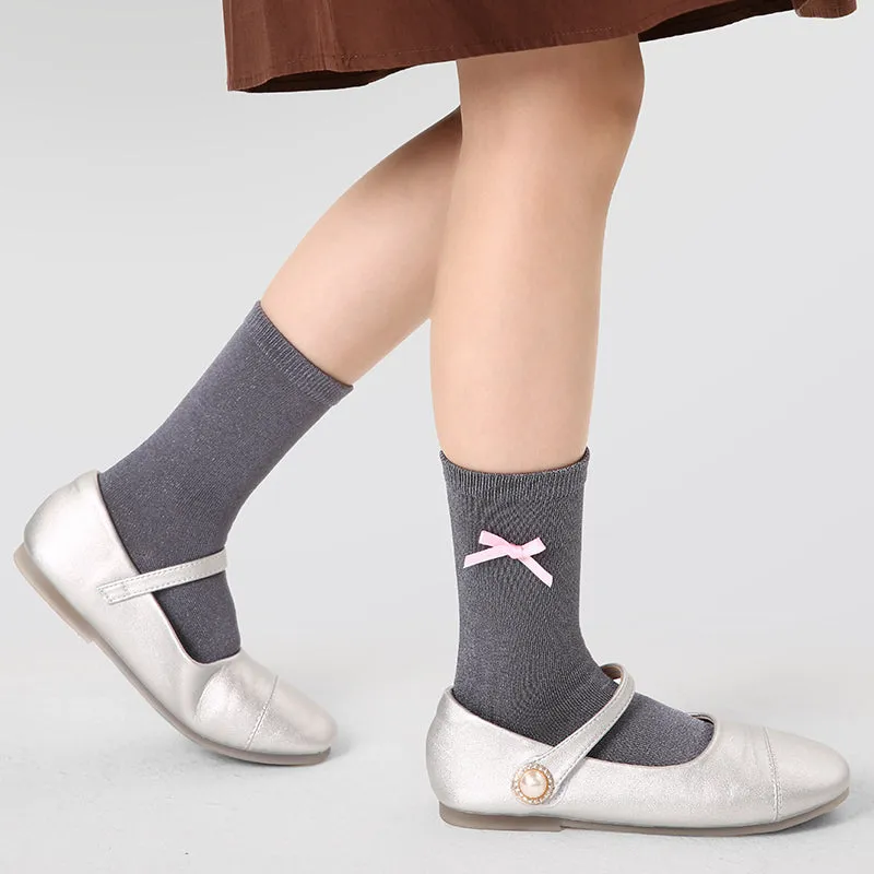 Sweetnana 4-Pack Children's Socks for Autumn and Winter, Bow and Stripe Design, Princess Style, lady Style, Absorb-sweat, Warm, Cotton Mid-calf Socks.