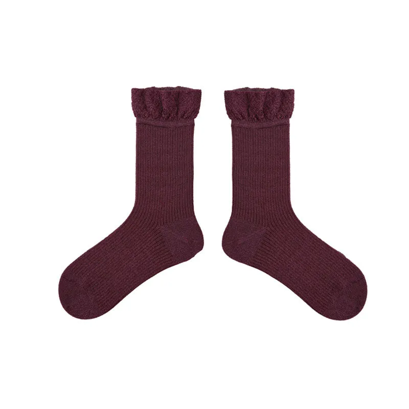 Sweetnana F/W Cotton Crew Socks for Women, Solid-Color and Frilly Ruffled Design Dress Socks, Preppy Style Socks