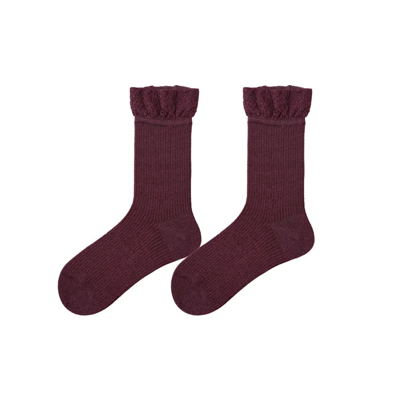 Sweetnana F/W Cotton Crew Socks for Women, Solid-Color and Frilly Ruffled Design Dress Socks, Preppy Style Socks