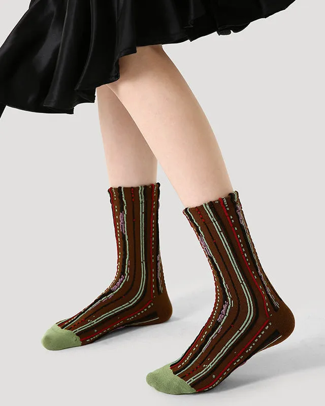 Sweetnana Retro Fashion Women's Socks: Crew Ethnic Style Socks with Embossed Stripe Design, Warm and Comfort.