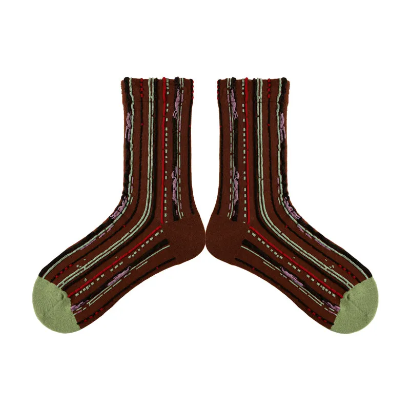 Sweetnana Retro Fashion Women's Socks: Crew Ethnic Style Socks with Embossed Stripe Design, Warm and Comfort.