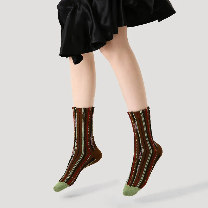 Sweetnana Retro Fashion Women's Socks: Crew Ethnic Style Socks with Embossed Stripe Design, Warm and Comfort.