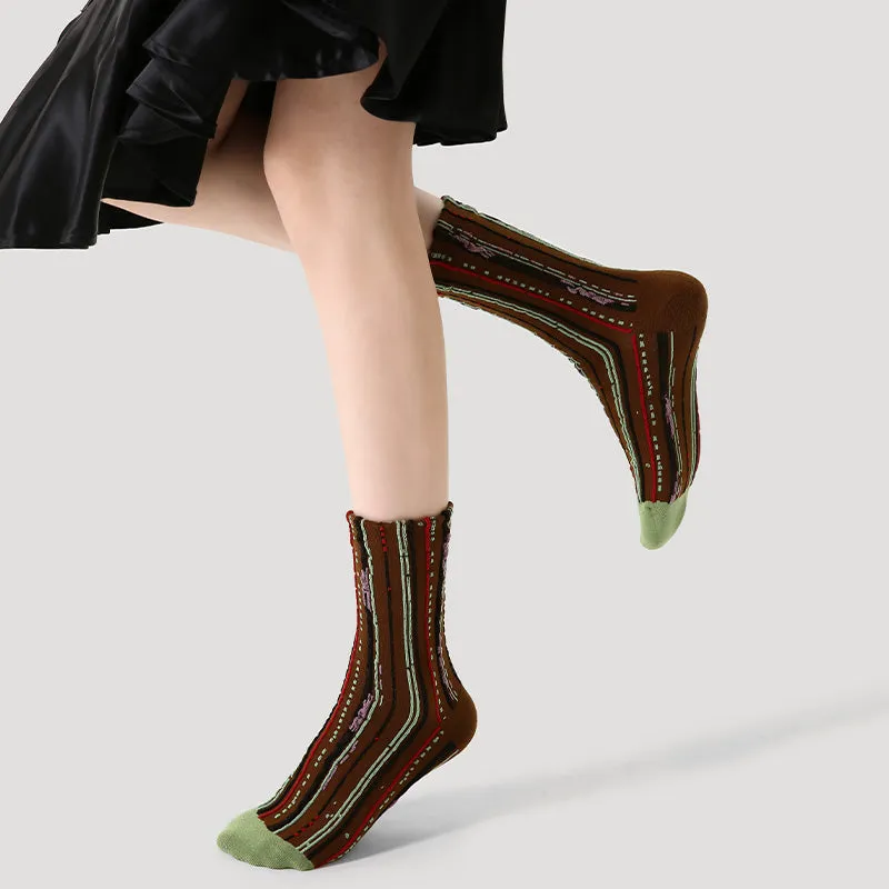 Sweetnana Retro Fashion Women's Socks: Crew Ethnic Style Socks with Embossed Stripe Design, Warm and Comfort.