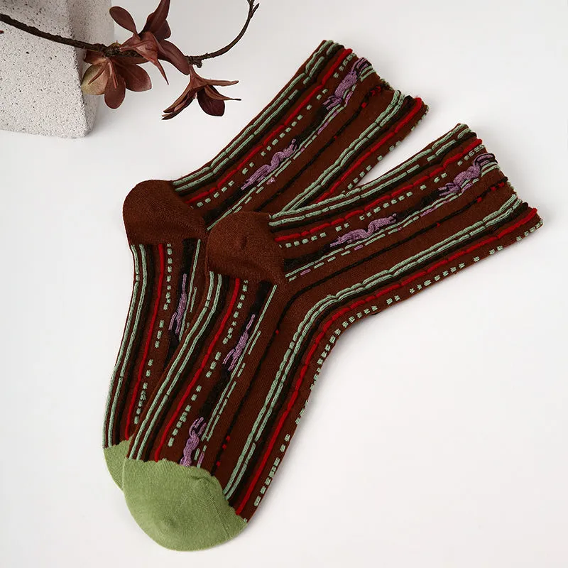 Sweetnana Retro Fashion Women's Socks: Crew Ethnic Style Socks with Embossed Stripe Design, Warm and Comfort.
