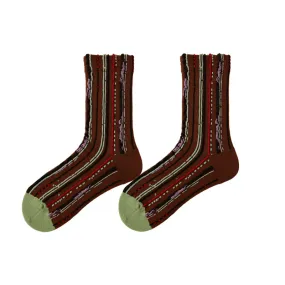 Sweetnana Retro Fashion Women's Socks: Crew Ethnic Style Socks with Embossed Stripe Design, Warm and Comfort.