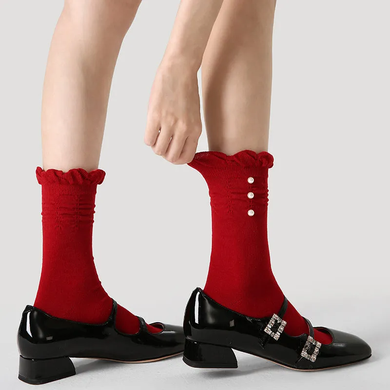 Sweetnana Women's Crew Socks Red Socks with Ruffled and Pearl Suitable for New Year wear