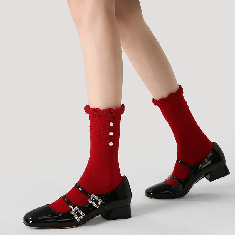 Sweetnana Women's Crew Socks Red Socks with Ruffled and Pearl Suitable for New Year wear