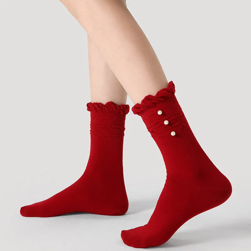 Sweetnana Women's Crew Socks Red Socks with Ruffled and Pearl Suitable for New Year wear