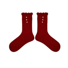 Sweetnana Women's Crew Socks Red Socks with Ruffled and Pearl Suitable for New Year wear