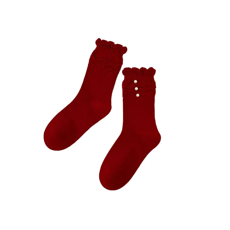 Sweetnana Women's Crew Socks Red Socks with Ruffled and Pearl Suitable for New Year wear