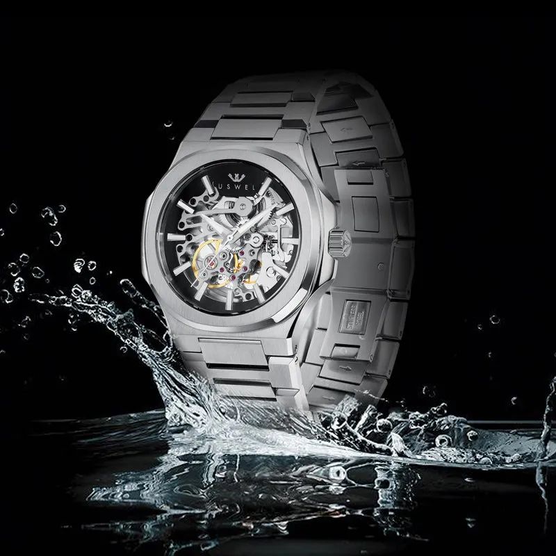 USWEL Skeleton Automatic Self Winding Mens Watch-Silver-41MM-U005