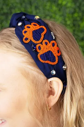 Viola Blue and Orange Gameday Paws Seed Bead Knotted Headband