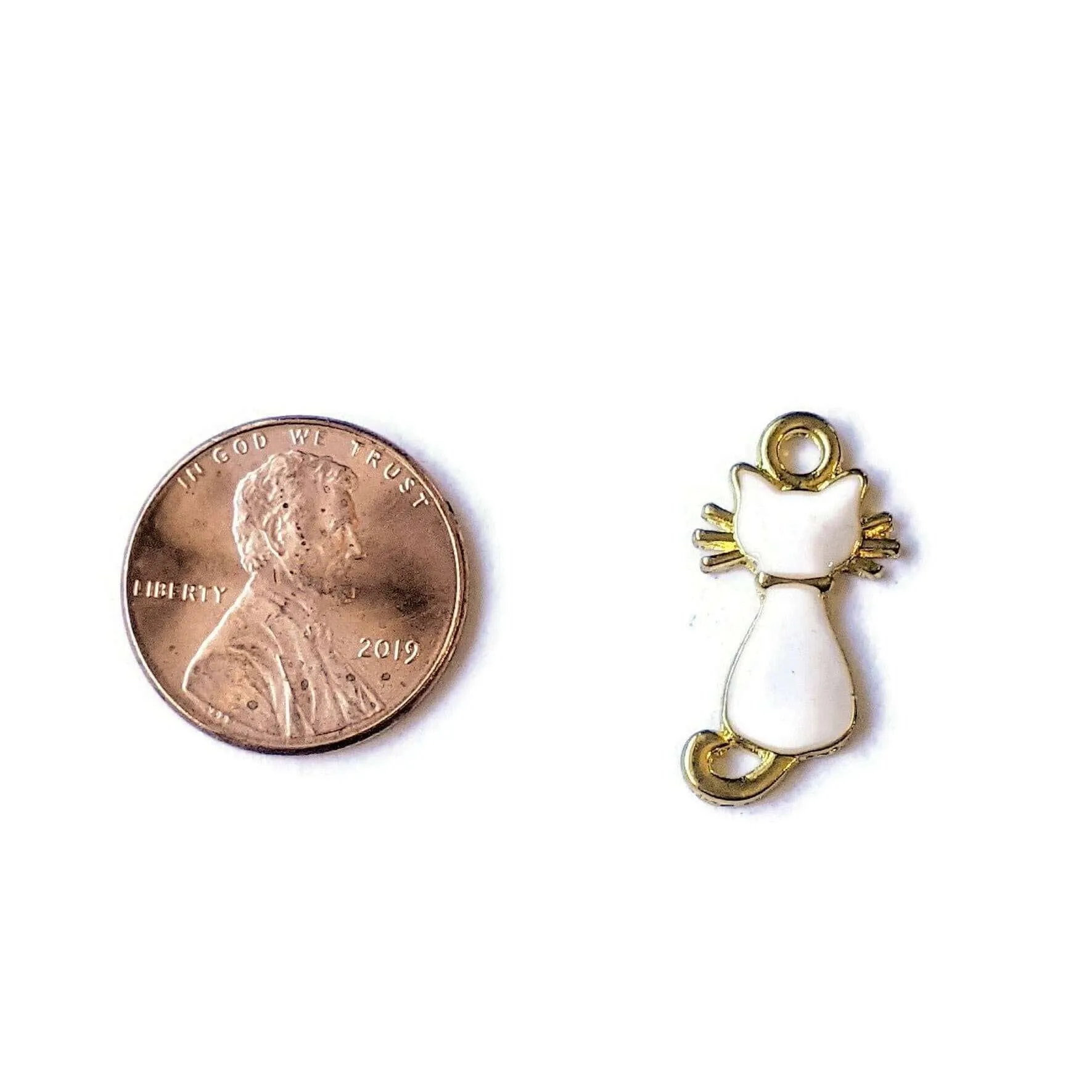 White Enamel Gold-Tone Cat Charm