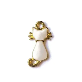 White Enamel Gold-Tone Cat Charm